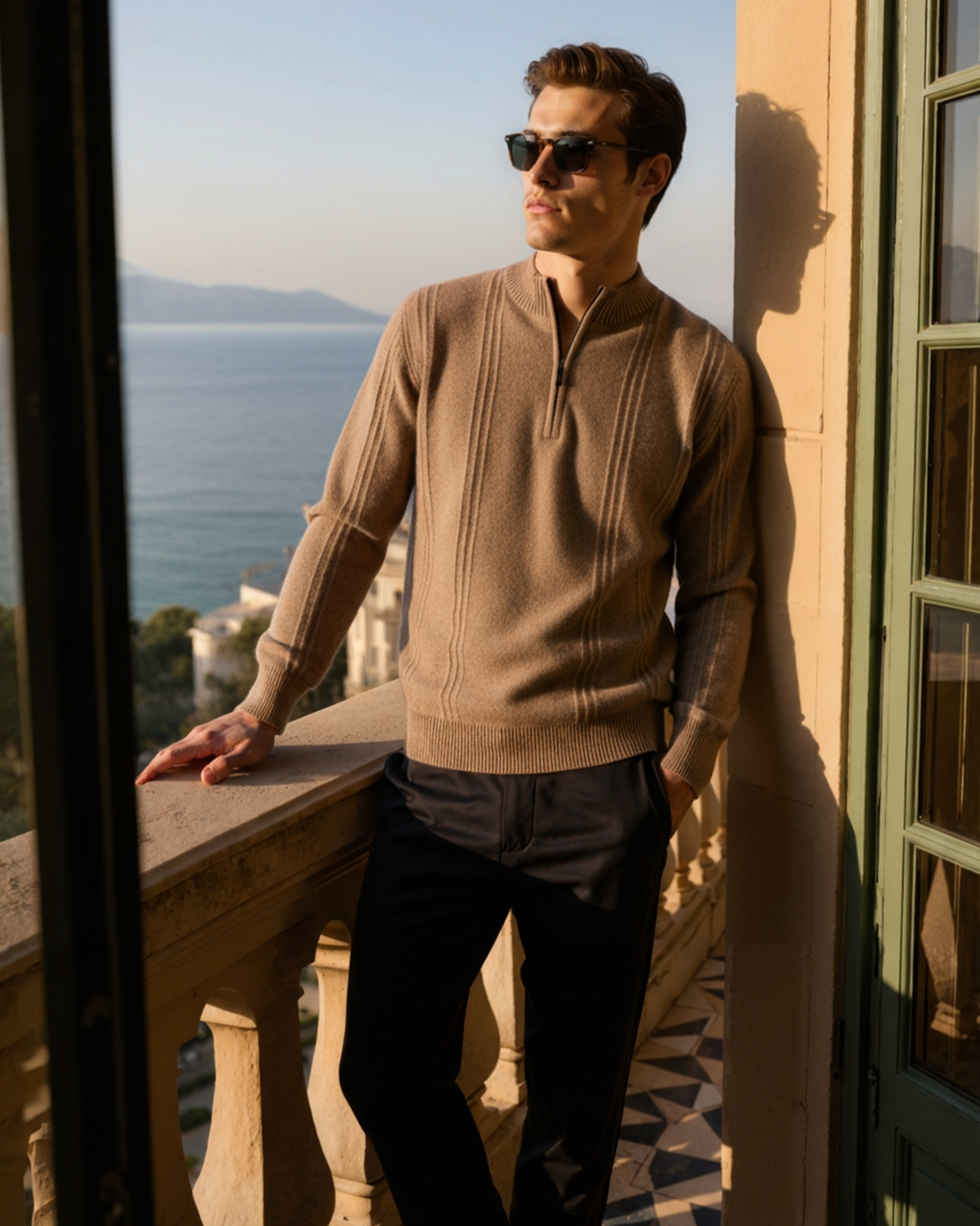 100% Kaschmir-Half-Zip mit Rippstruktur