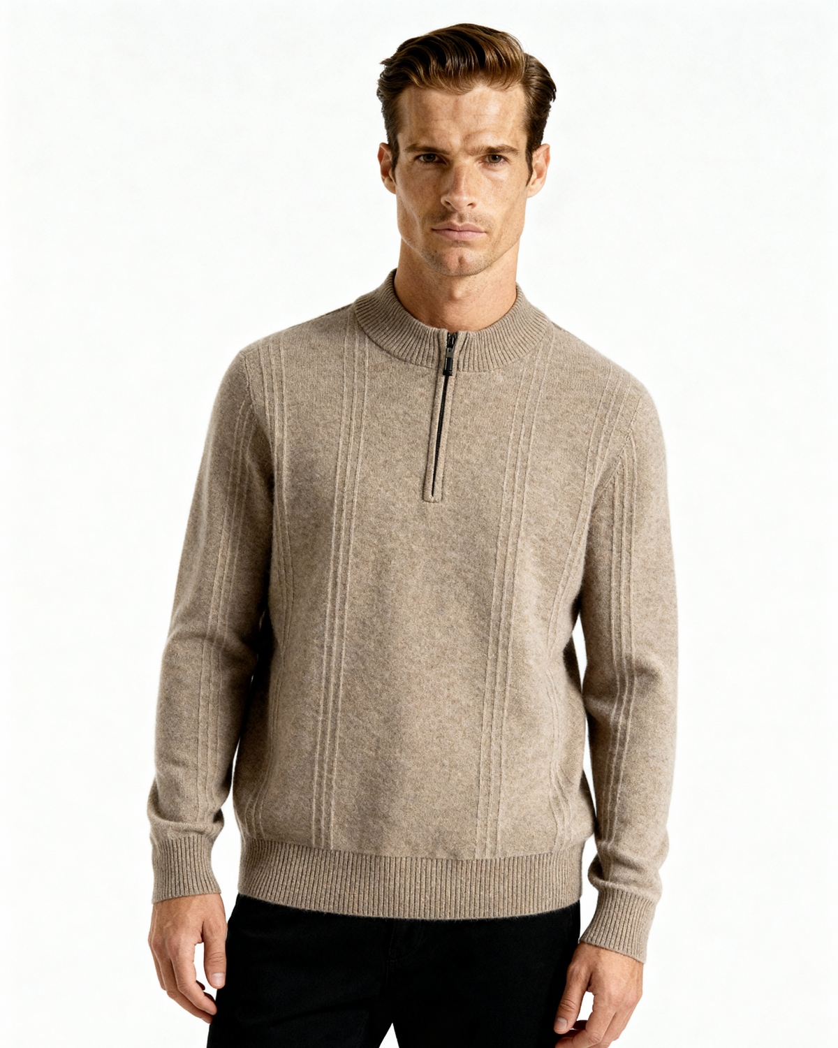 100% Kaschmir-Half-Zip mit Rippstruktur
